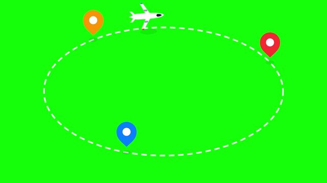 Airplane travelling along dotted path with map pins on green screen