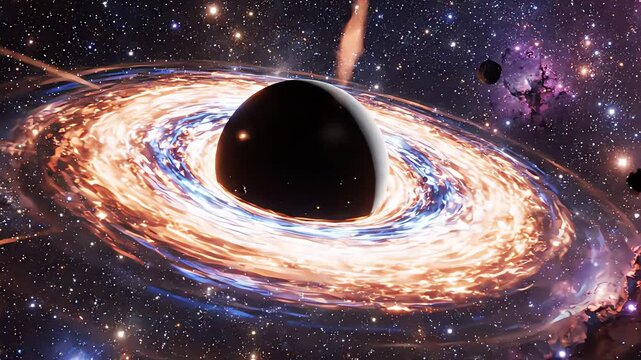 Massive black hole surrounded by glowing accretion disk and asteroids
