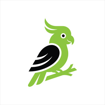 Minimalist vector illustration of a green cockatoo parrot perched on a branch, stylized bird icon design for logo or branding