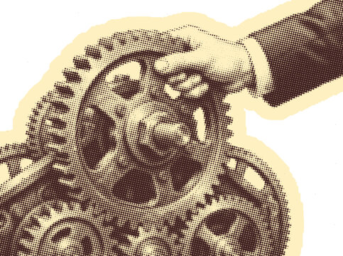 Retro Halftone Illustration of Businessman Hand Turning Mechanical Gear, Vintage Pop Art Business Operation Concept Transparent Cutout