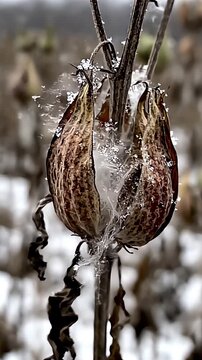Dried flower pod covered in ice crystals during a cold winter day