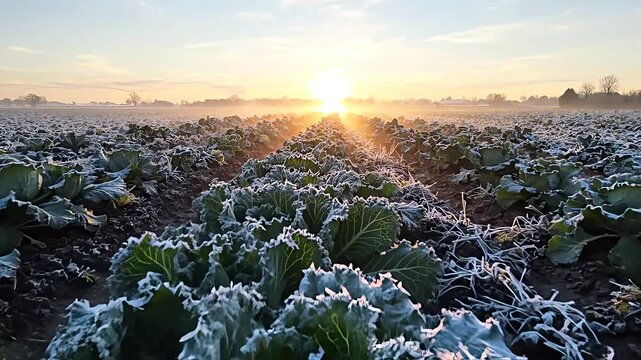 Frosted cabbage field at sunrise in rural agricultural countryside