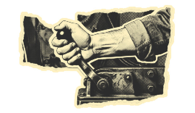 Retro Halftone Illustration of Worker Hand Pulling Mechanical Lever, Vintage Pop Art Industrial Machine Control Transparent Cutout