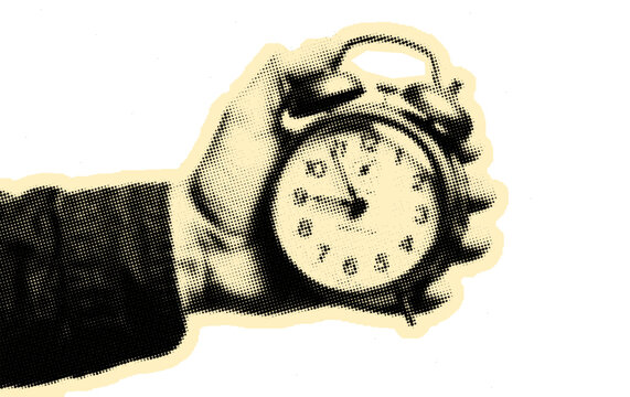 Retro Halftone Illustration of Hand Holding Alarm Clock, Vintage Pop Art Time Management Concept Transparent Cutout