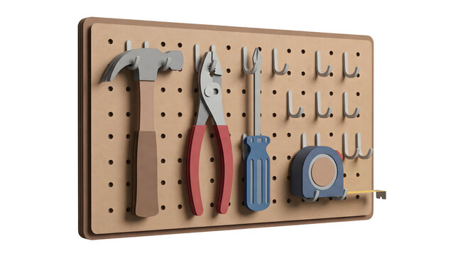 Pegboard with various tools hammer, pliers, screwdriver, and tape measure isolated on transparent background