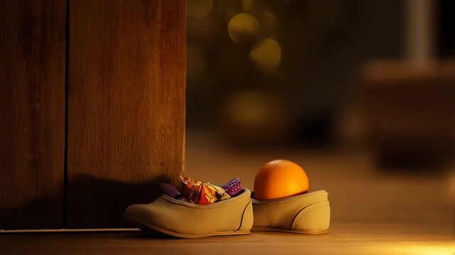 Saint Nicholas Day Tradition with Childrens Shoes Filled with Candies and Orange