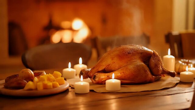 Roasted Thanksgiving Turkey on Wooden Table with Lit Candles and Cozy Fireplace Background