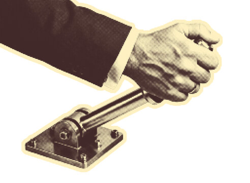 Retro Halftone Illustration of Businessman Hand Pulling Mechanical Lever, Vintage Pop Art Control Switch Cutout Concept