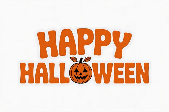 Festive happy halloween text with a jack o lantern illustration on a white background