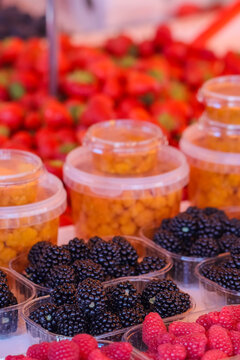 A variety of fresh berries are on sale at the Market Square. Berries are packed with antioxidants and are high in fiber. Blackberry (Rubus fruticosus), cloudberry (Rubus chamaemorus) and raspberry.