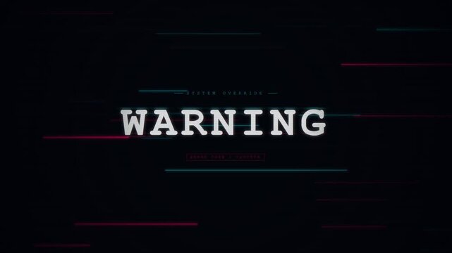 Digital warning message displayed on a dark computer screen with distorted television static lines and corrupted electronic data glitches representing cybersecurity threats and system failures