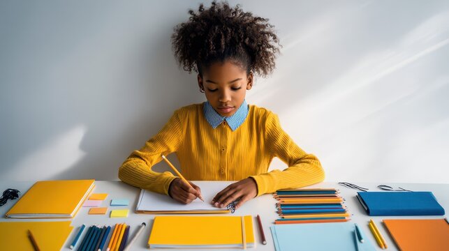 Child studying at a tidy desk with notebooks pencils and school supplies for back to school learning and homework setup