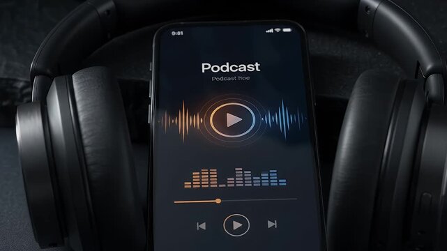 Podcast app interface displayed on smartphone with headphones.