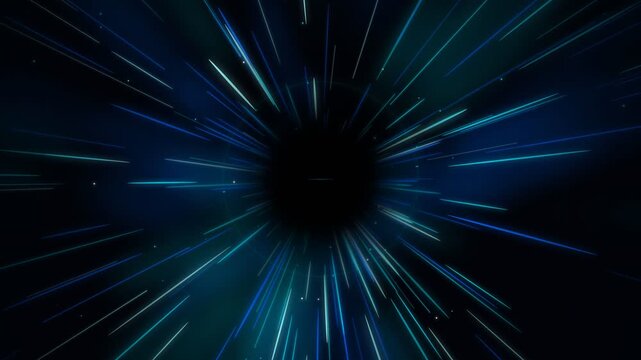 A vibrant digital vortex of racing blue light streaks creates an incredible sense of high speed movement and futuristic exploration across the dark cosmos during an interstellar voyage