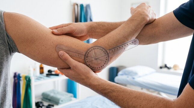 Physical therapist using a goniometer to measure elbow joint range of motion