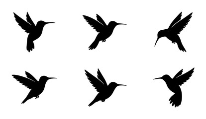 Naklejka premium Six Silhouette Hummingbird Vector Icons, Delicate Flying Bird Graphics, Elegant Wildlife Illustrations, Minimalist Ornithology Art
