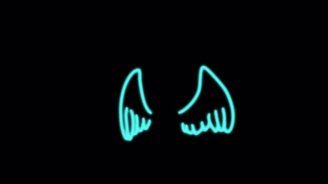 Neon blue angel wings animation glowing against a dark background.