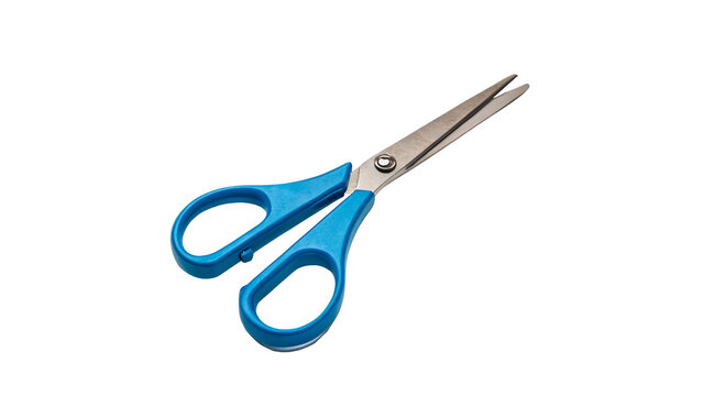 Simple sharp metallic scissors with bright blue plastic handles isolated on white background