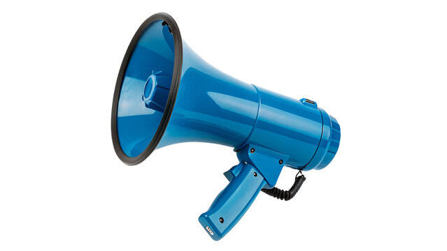 Bright blue plastic handheld megaphone bullhorn loudspeaker isolated on a white background