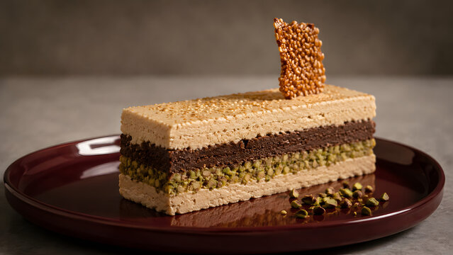 Gourmet layered chocolate pistachio cake, elegant opera slice dessert on plate, luxury pastry for restaurant menu