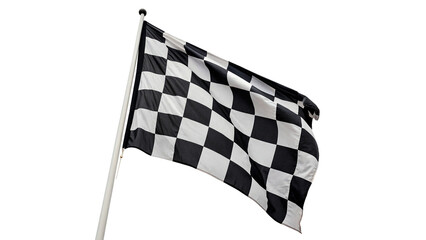 Naklejka premium Black and white checkered racing flag on a flagpole isolated on white background