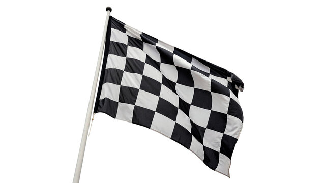 Black and white checkered racing flag on a flagpole isolated on white background