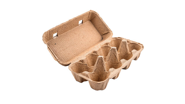 Empty open brown recycled paper egg carton box package isolated on white background