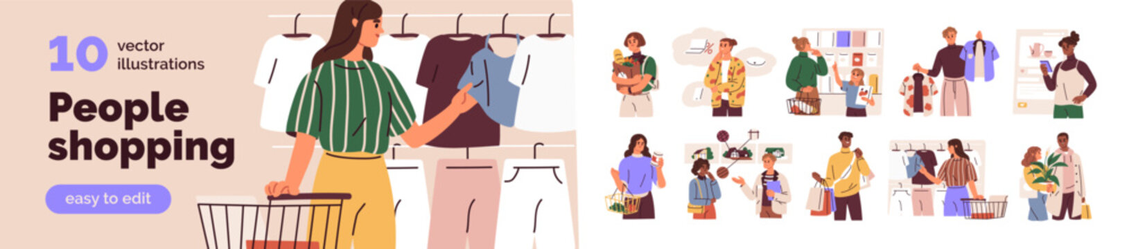 Buying in grocery store, retail shop. Characters buying. Man and woman consumers, shoppers shopping at retail store. Buyers, customers choosing. Flat cartoon vector illustrations isolated on white