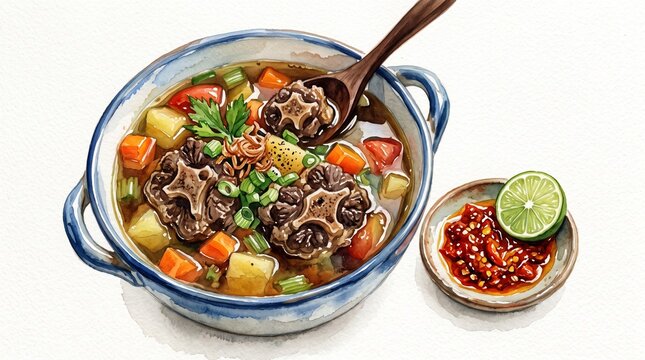Indonesian Oxtail Soup Sop Buntut Watercolor Illustration in Bowl