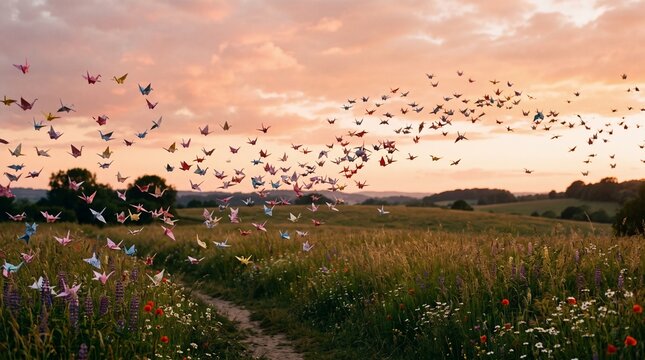 Flock of Origami Cranes Flying Over Meadow at Sunset