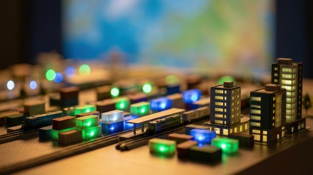 Illuminated logistics model with containers, rail hubs, and mixed use towers