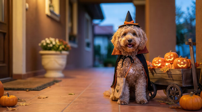 Halloween Dog Wearing Witch Hat Sitting at Decorated Home Entrance with Glowing Jack O Lanterns and Pumpkins, Festive Autumn Scene Representing Pet Costume, Holiday Fun and Seasonal Celebration