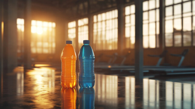 Sports Drinks in a Gym with Warm Sunset Light
