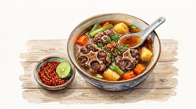 A detailed watercolor illustration of traditional Indonesian oxtail soup, known as Sop Buntut, served in a blue ceramic bowl with potatoes and carrots, accompanied by a wooden spoon and side of spicy 