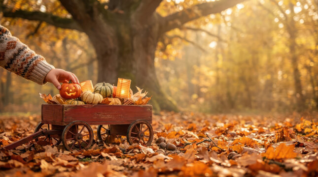Halloween autumn harvest scene with pumpkins and gourds in a rustic wooden cart, hand pushing a wagon through a sunlit forest covered with colorful fallen leaves, seasonal outdoor celebration