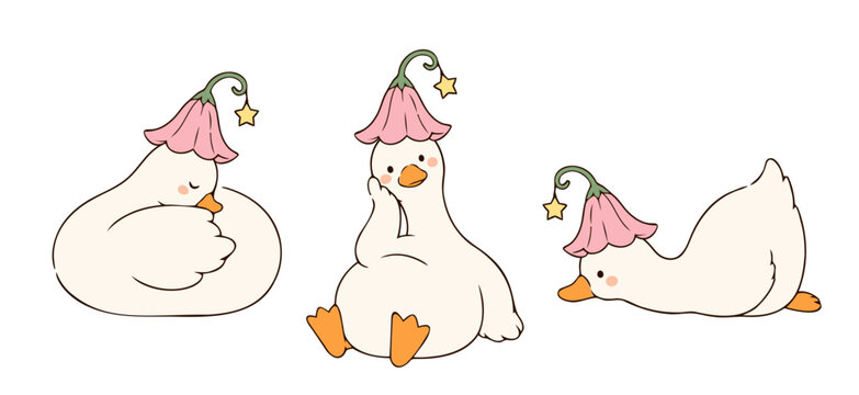 Cute white duck collection featuring sleepy and playful geese wearing pink flower hats with dangling stars in adorable hand drawn flat vector style. 