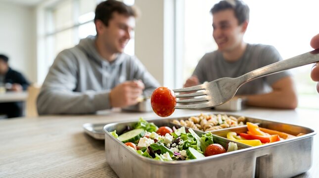 Students eating healthy salad from stainless steel lunchbox in a bright cafeteria setting.