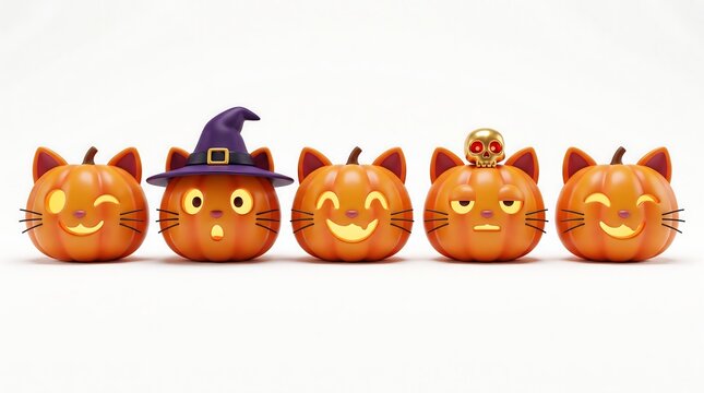 Five decorative cat shaped halloween pumpkins arranged in a row on white background with displays horizontal row five stylized orange pumpkin carvings cat heads