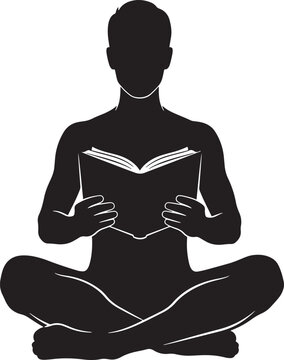 Black silhouette of a man sitting cross legged reading an open book