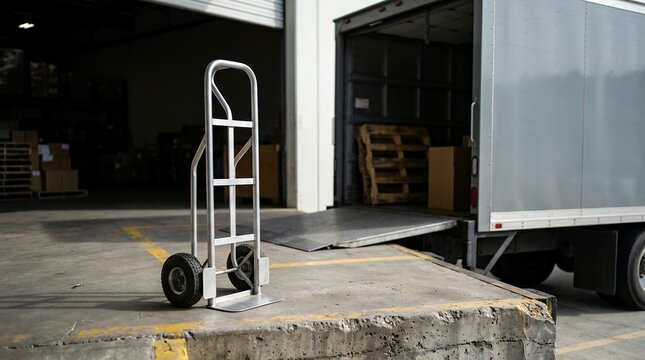 Empty aluminum hand truck on a warehouse loading dock near a delivery truck for logistics.