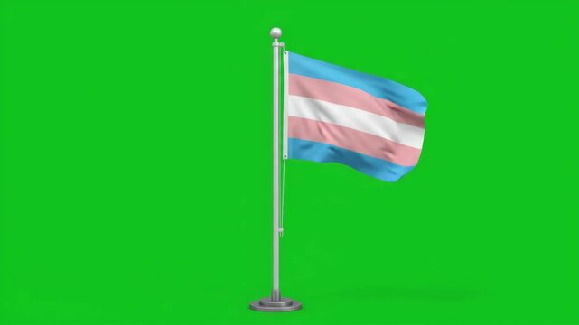 Transgender flag waving proudly on a flagpole against a vibrant green screen background, symbolizing identity and rights.