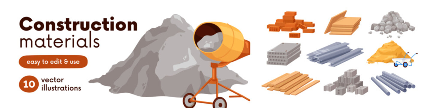 Building materials, cement, concrete, brick bars, sand pile. Raw construction materials, metal panels, wood planks, stone, pipes, timber for house building. Flat cartoon vector illustrations set
