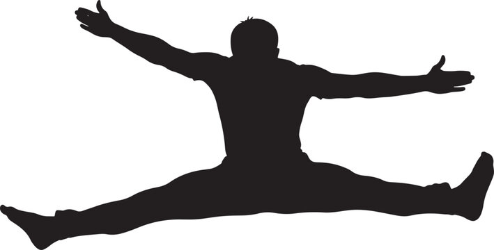 Black silhouette of a man jumping with arms and legs spread wide