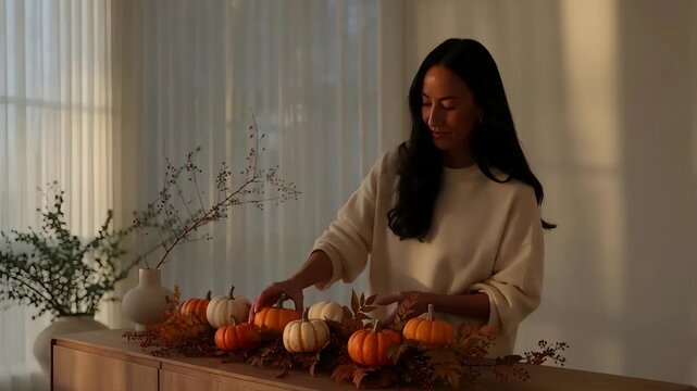 Woman arranging decorative pumpkins and autumn leaves on a wooden sideboard in a cozy home setting