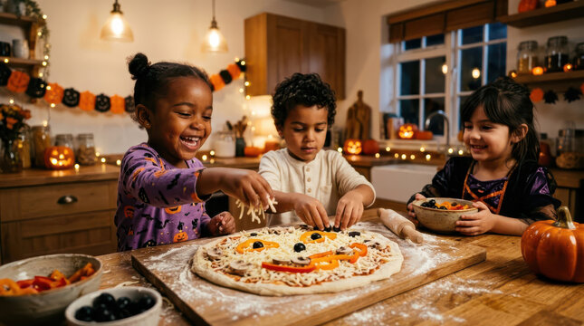 Group of Children Decorating Halloween Themed Pizza with Spider Web and Jack-o-Lantern Design, Kitchen Counter Baking Activity, Kids Cooking Together, Festive Autumn Family Fun Concept