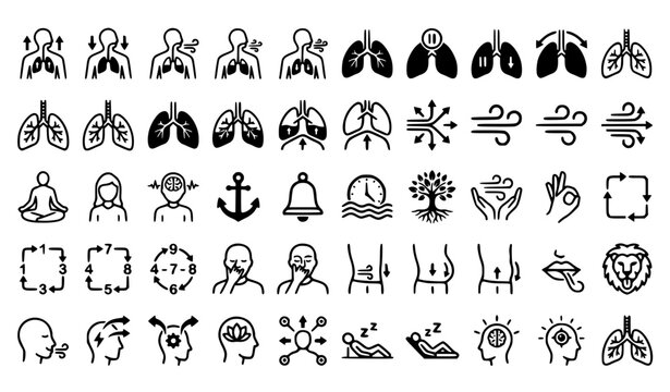 50 Breathing Exercise and Mindfulness Vector Line Icons