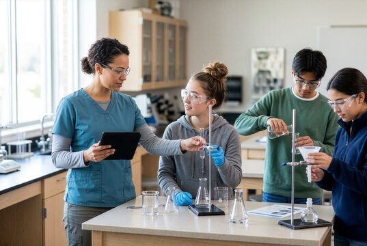Science teacher using AI-assisted tools to supervise laboratory safety, representing STEM education, risk prevention and practical classroom technology.