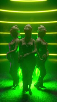 Cyberpunk Female Statues Circle with Neon Yellow Lime and Green Motion Background