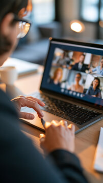 rear view of a remote employee sitting at a modest home desk during a video call, laptop screen showing a blurred grid of colleague thumbnails, natural daylight, bright home
