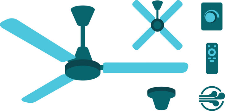 Ceiling fan icon set with remote control and speed regulator